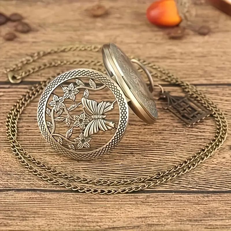 ساعت جیبی کوارتز وینتیج با گردنبند پروانه توخالی و طرحدار — تصویر ۴