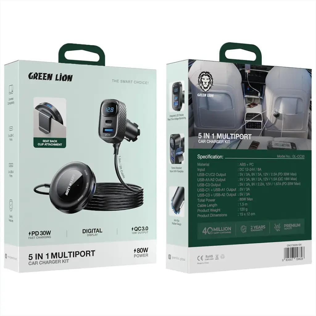 شارژر فندکی ۵ پورت 5 IN1 MULTIPORT Car Charger Kit مدل PD 30W گرین لاین — تصویر ۴