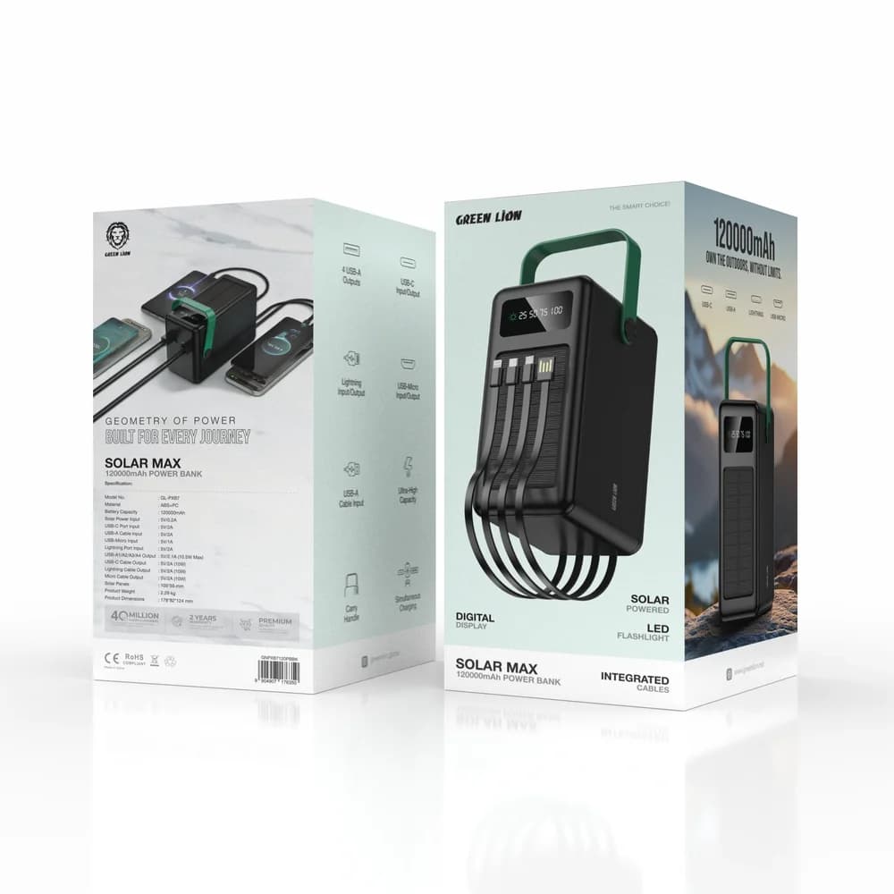 پاوربانک خورشیدی گرین لاین مدل Solar Max (ظرفیت 120000mAh و 4 کابل متصل) — تصویر ۳