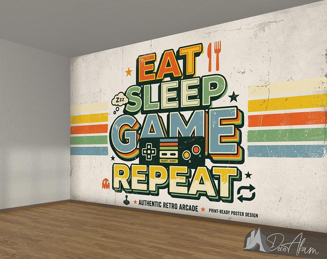 پوستر دیواری گیمینگ طرح Eat Sleep Game Repeat رترو کد DA-6029 | مناسب اتاق گیمر — تصویر ۳