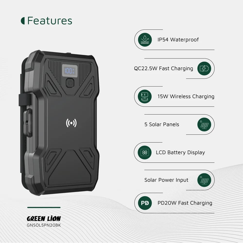 پاوربانک خورشیدی گرین لاین مدل Solar 5-Panel (ظرفیت 30000mAh و شارژ بیسیم) — تصویر ۳