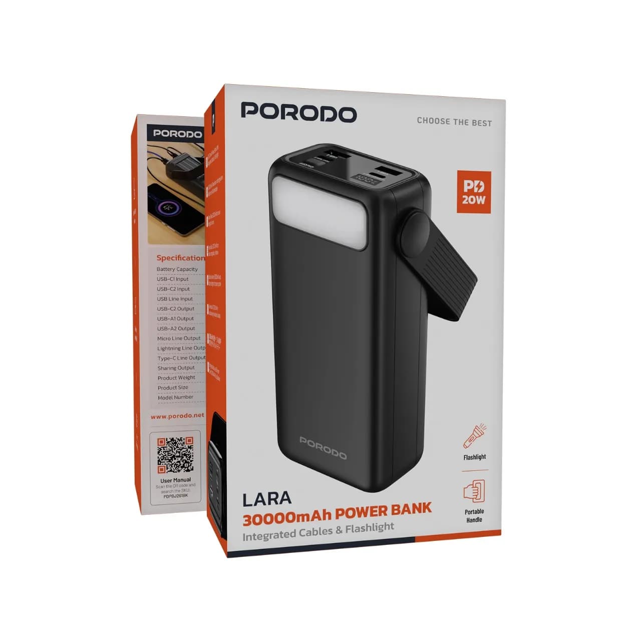 پاوربانک دستهدار Porodo Lara مدل 30000mAh Integrated Cables پرودو — تصویر ۵