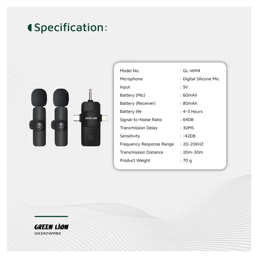 میکروفون بیسیم یقهای ۳ کاره گرین لاین Green Lion GN3IN1WMGN — تصویر ۶