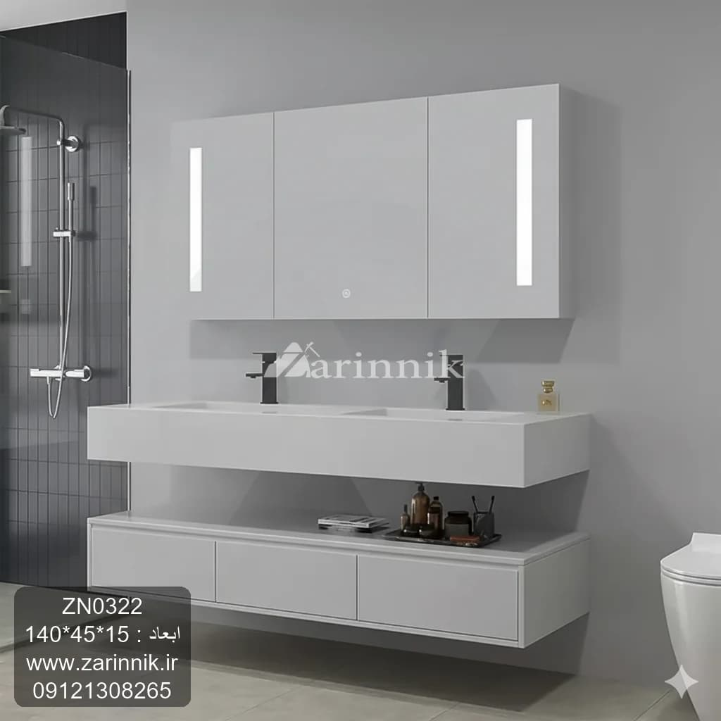 روشویی دوکاسه سرامیکی 45*140 سفید زرین نیک کد ZN0322