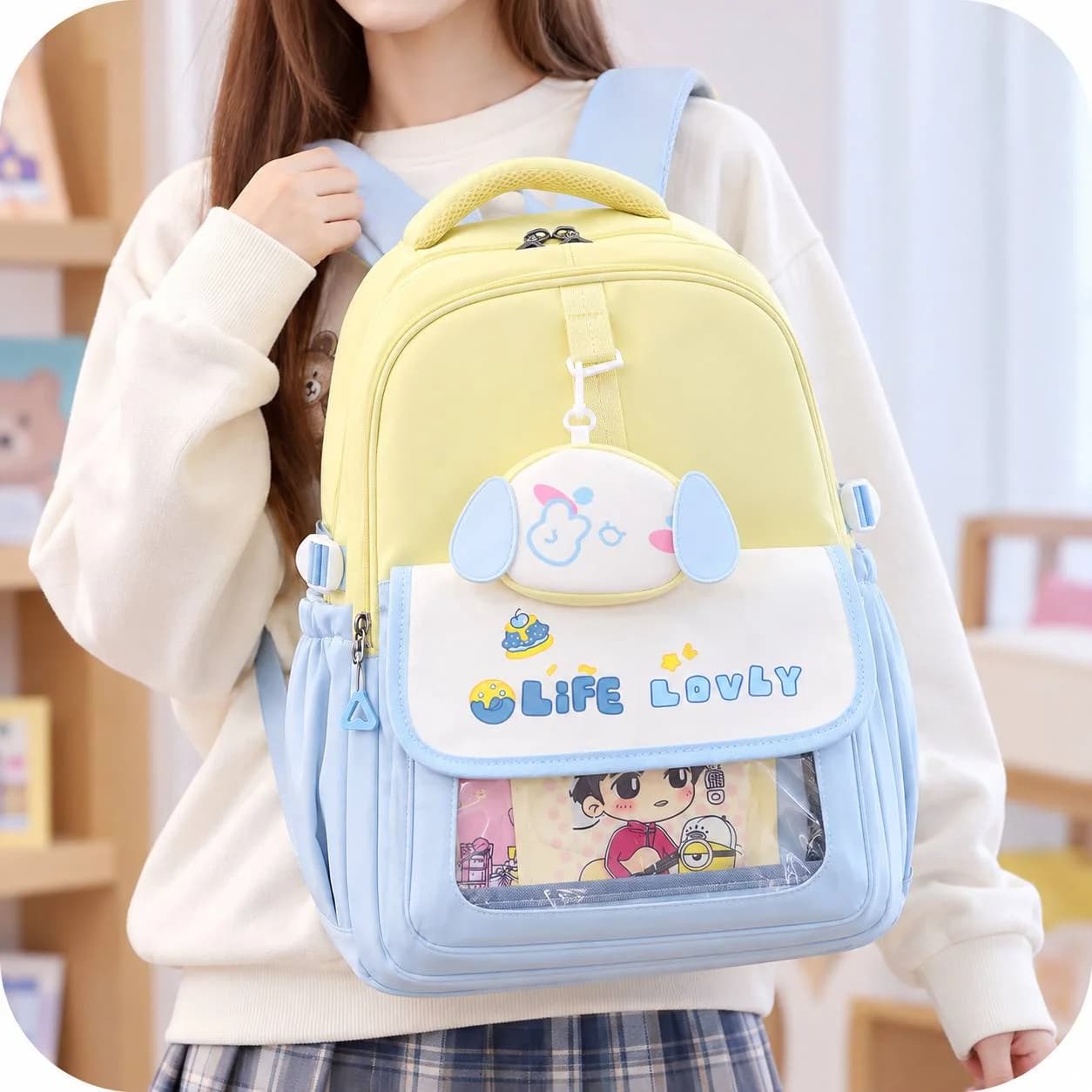 کوله پشتی فانتزی Life Lovely دخترانه با جیب شفاف و آویز — تصویر ۵