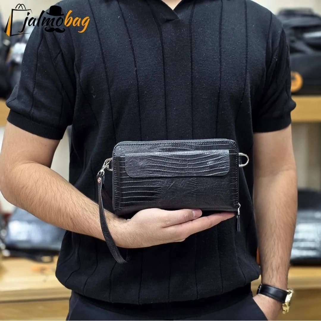 کیف دستی و دوشی چرم طبیعی ظفر دارای بند مچی و بند بلند قابل تنظیم — تصویر ۵