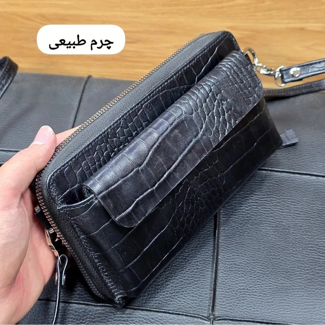 کیف دستی و دوشی چرم طبیعی ظفر دارای بند مچی و بند بلند قابل تنظیم — تصویر ۶