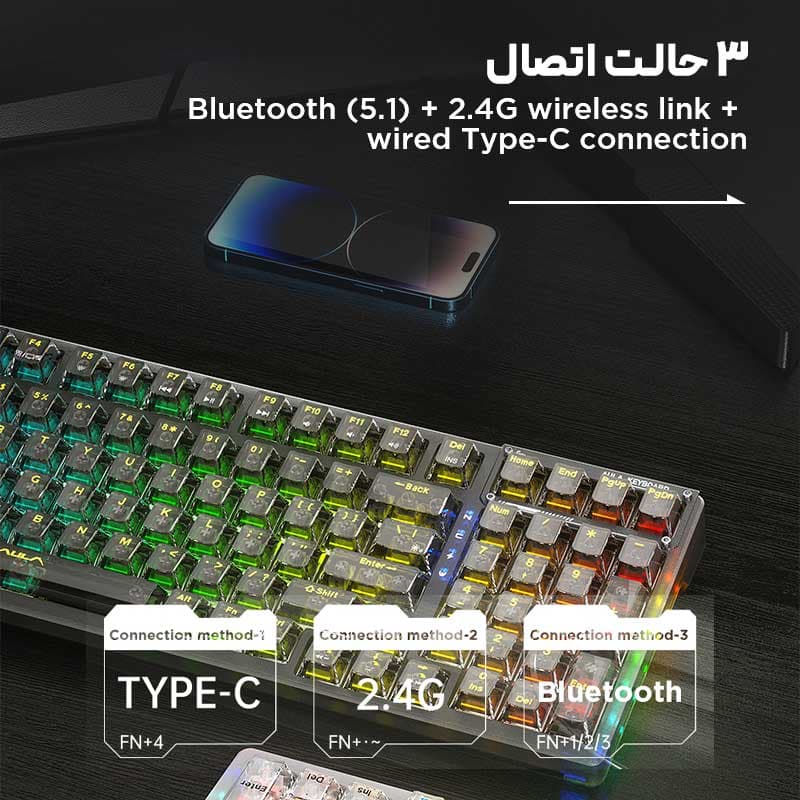کیبورد مکانیکال سه حالته آئولا مدل F98 RGB — تصویر ۳