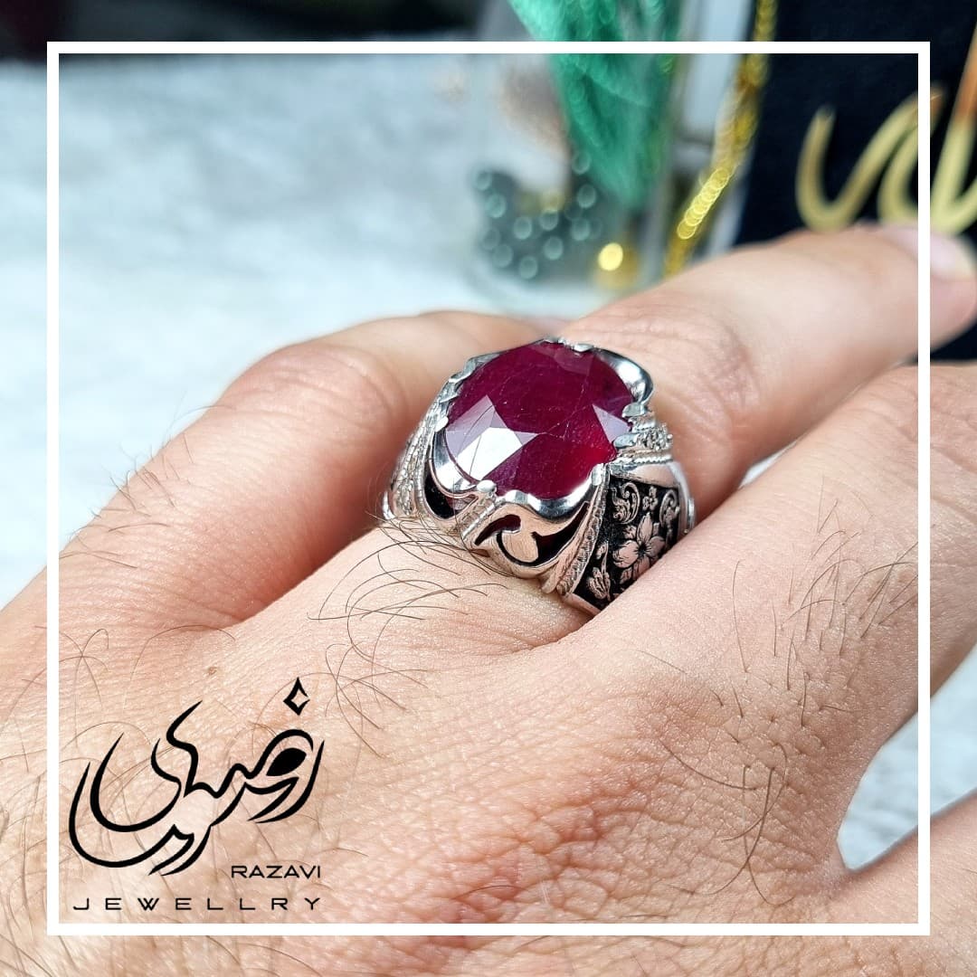 انگشتر نقره دست ساز مردانه یاقوت سرخ — تصویر ۲