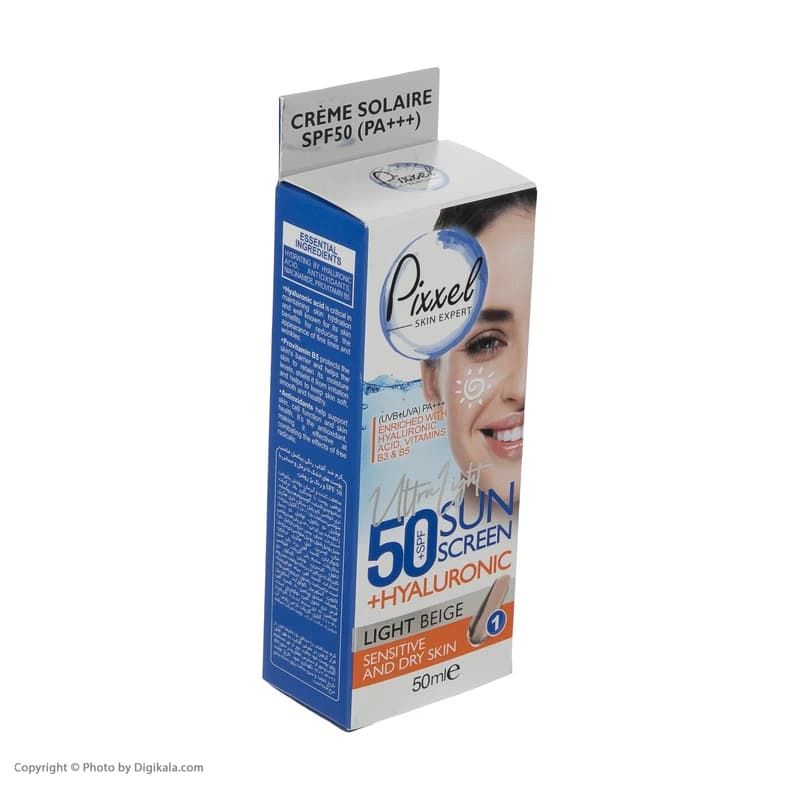 کرم ضدآفتاب رنگی پیکسل مدل LIGHT BEIGE حجم 50 میلیلیتر با SPF 50 و +++PA مناسب پوست حساس و خشک، محافظت در برابر UVA و UVB، مرطوبکننده با هیالورونیک اسید و ویتامینهای گروه B، بافت سبک و جلوه مات — تصویر ۴