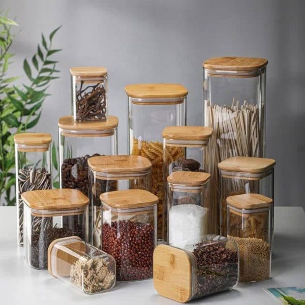 جا ادویه (بانکه) پیرکس مربع قطر 10 سانت درب چوبی کورنینگ Corning در 7 سایز