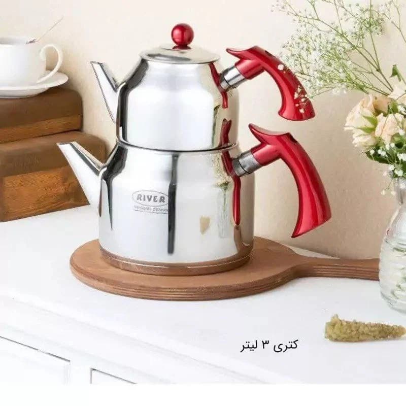 کتری قوری استیل لوله دار 3لیتر دسته باکالیت قرمز ریور کد 2164