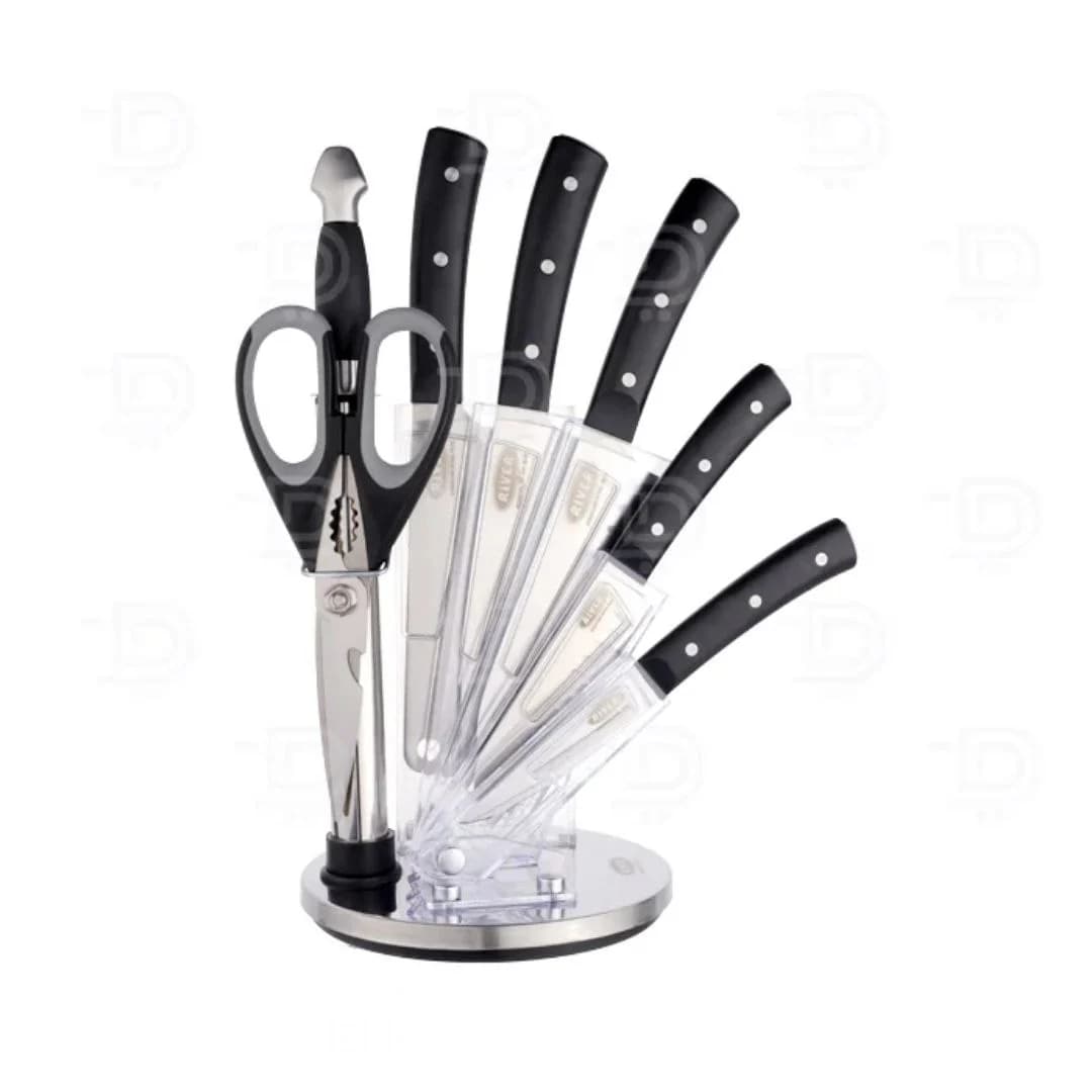 کارد و ساطور 8پارچه استیل دسته طوسی پایه سفید ریور کد 2236