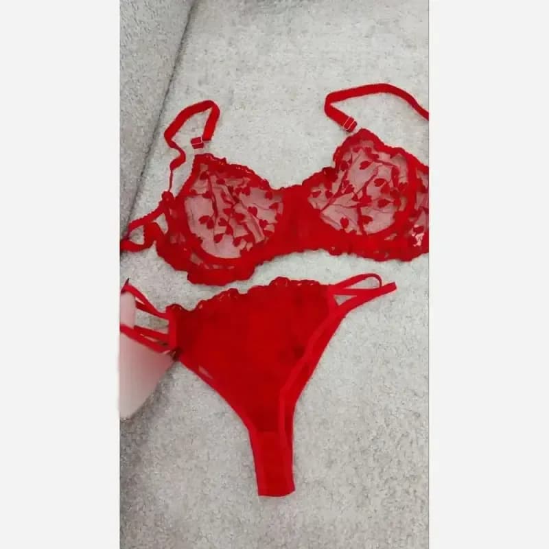 ست سوتین و شورت گلدوزی شده طرح اروپایی قلب زیر فنردار فاق نخ بکلس شیک — تصویر ۳