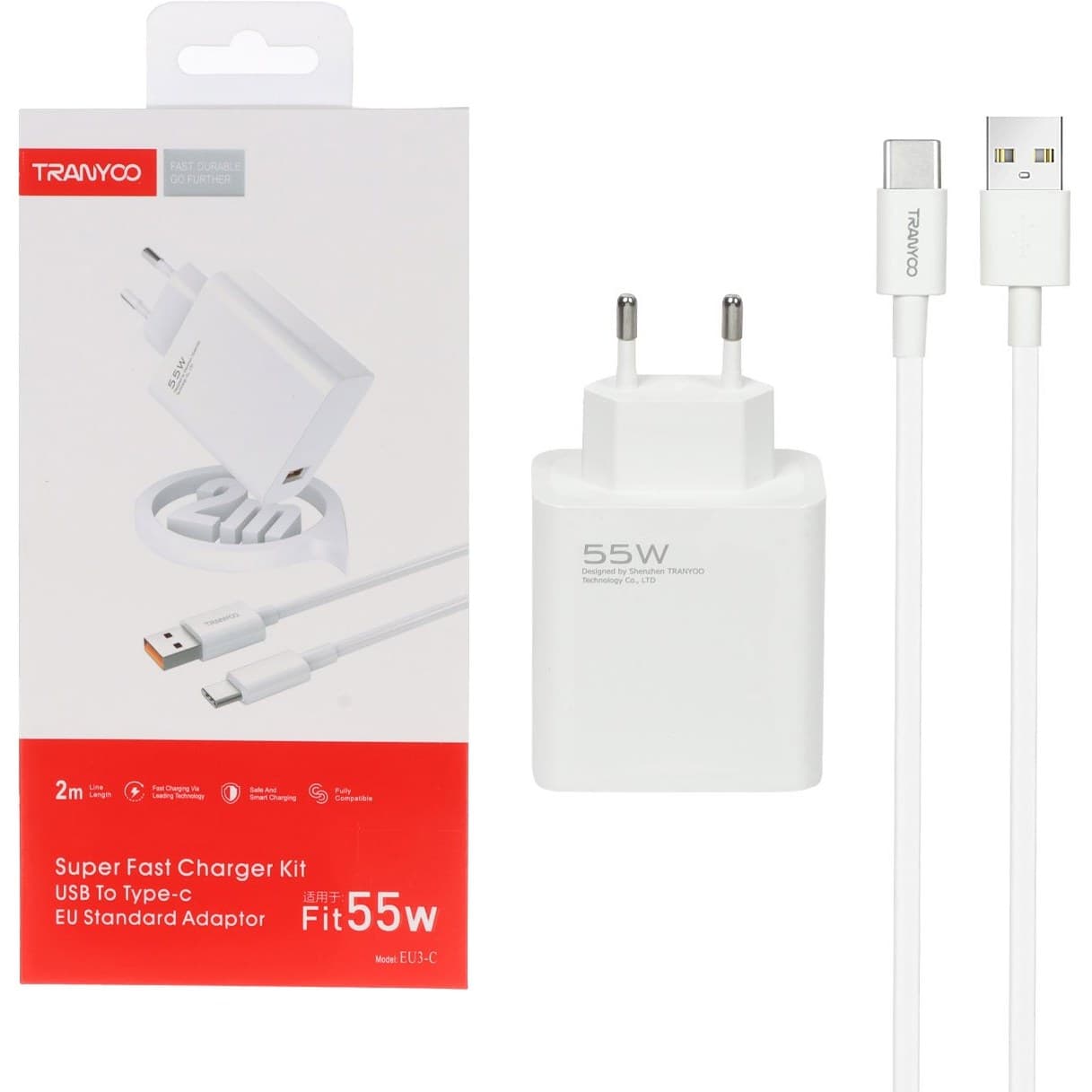 شارژر دیواری 55W فست تک پورت TRANYOO مدل EU3-C به همراه کابل شارژ Type-C