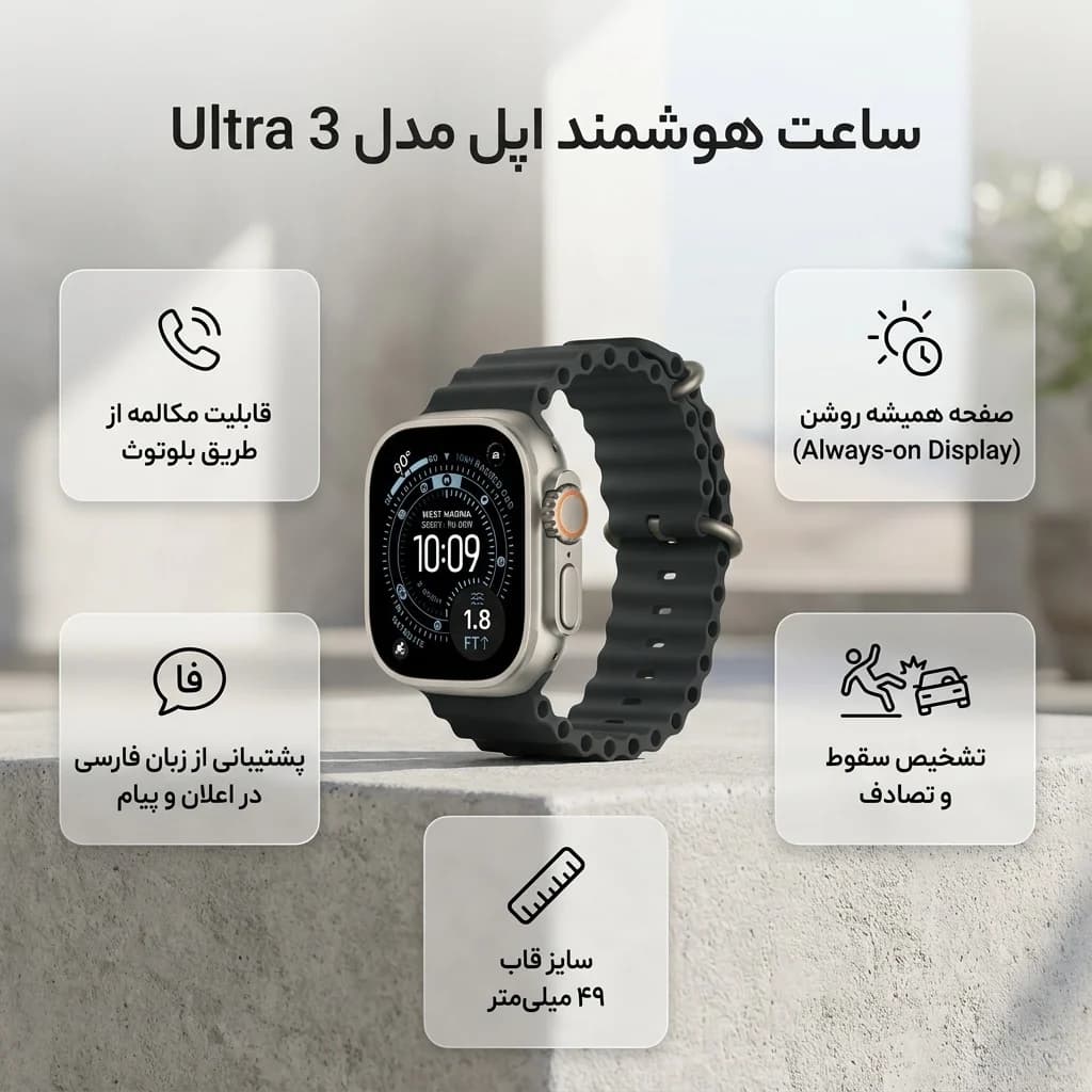 ساعت هوشمند ۴۹ میلیمتری اپل مدل Ultra 3 با قاب تیتانیوم طبیعی و بند Ocean — تصویر ۳