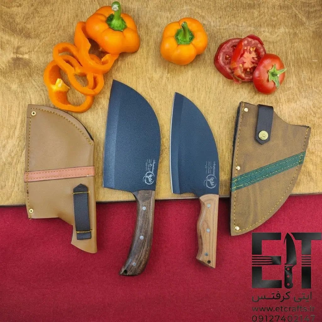 ساطور برش فولادی هما طرح صربستانی رنگ کوره دست ساز زنجان (دسته چوب گردو در 2 مدل)
