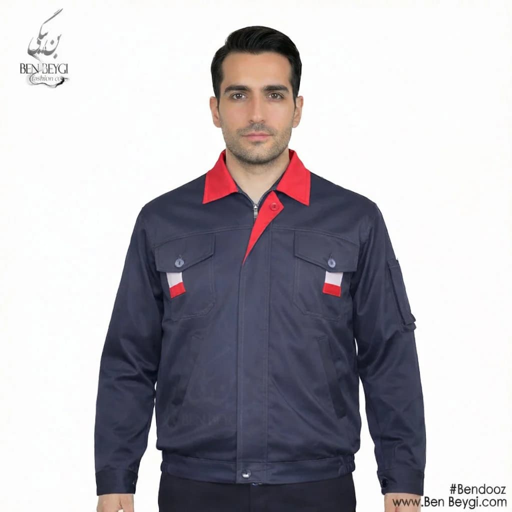 کاپشن کار با شلوار پارچه کجراه مدل یقه دار با قاپک شلوار جیب دار رنگ طوسی خرجکار قرمز کد 23531