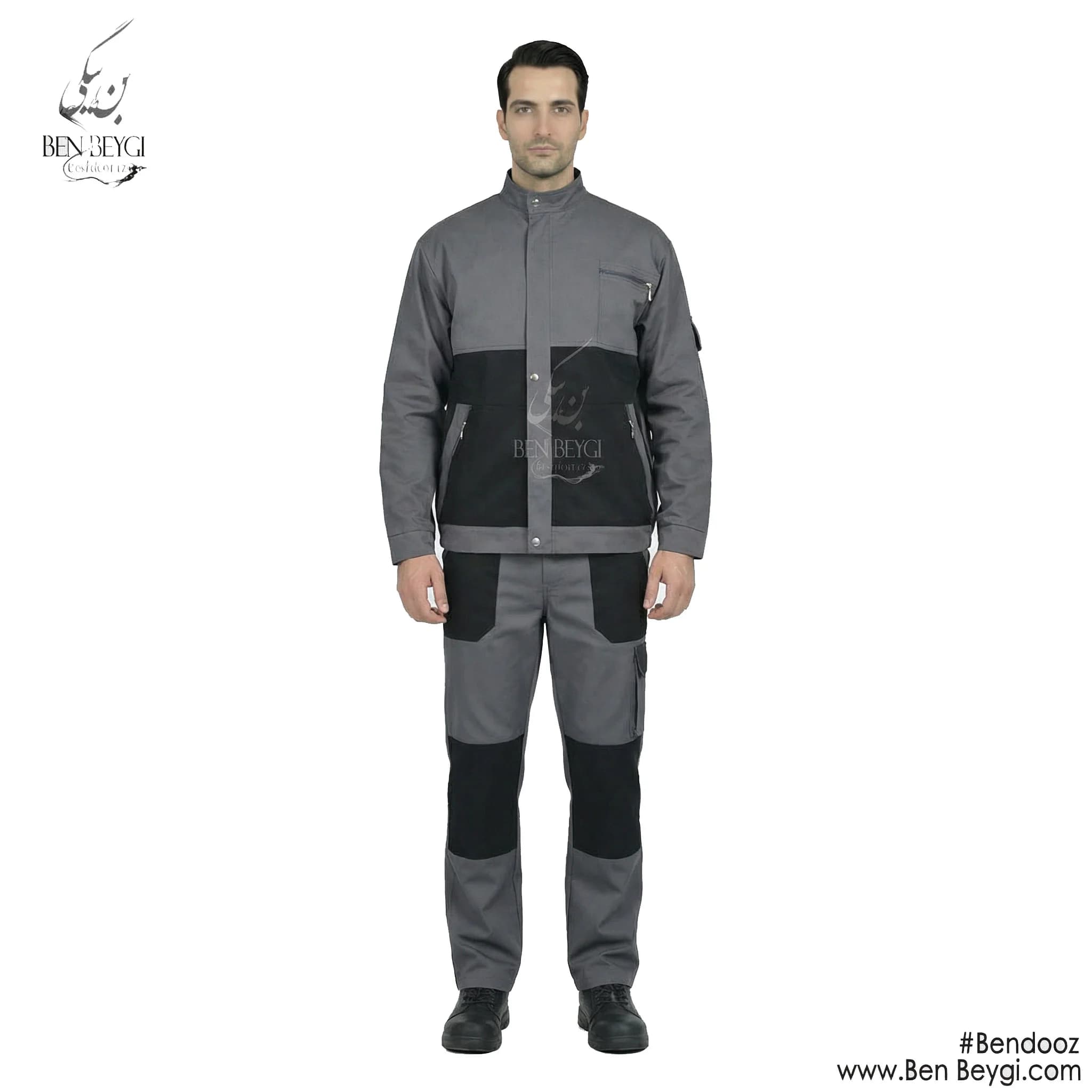 کاپشن کار با شلوار پارچه کتان مدل یقه ایستاده با قاپک شلوار جیب دار رنگ طوسی مشکی کد 23315