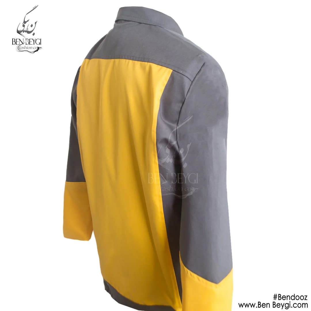 کاپشن کار با شلوار کار پارچه کتان مدل یقه دار شلوار جیب دار رنگ زرد استین دورنگ خرجکار طوسی کد 23269 — تصویر ۳