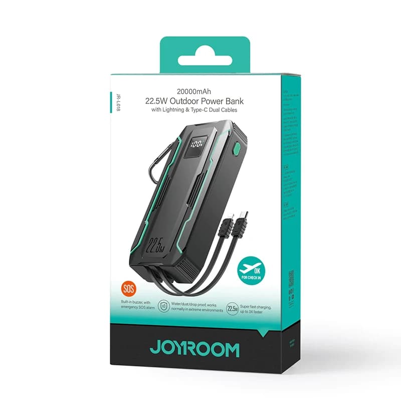 پاوربانک ضد ضربه و ضد آب 20000 جویروم Joyroom JR-L018 توان 22.5 وات همراه با کابل متصل — تصویر ۶