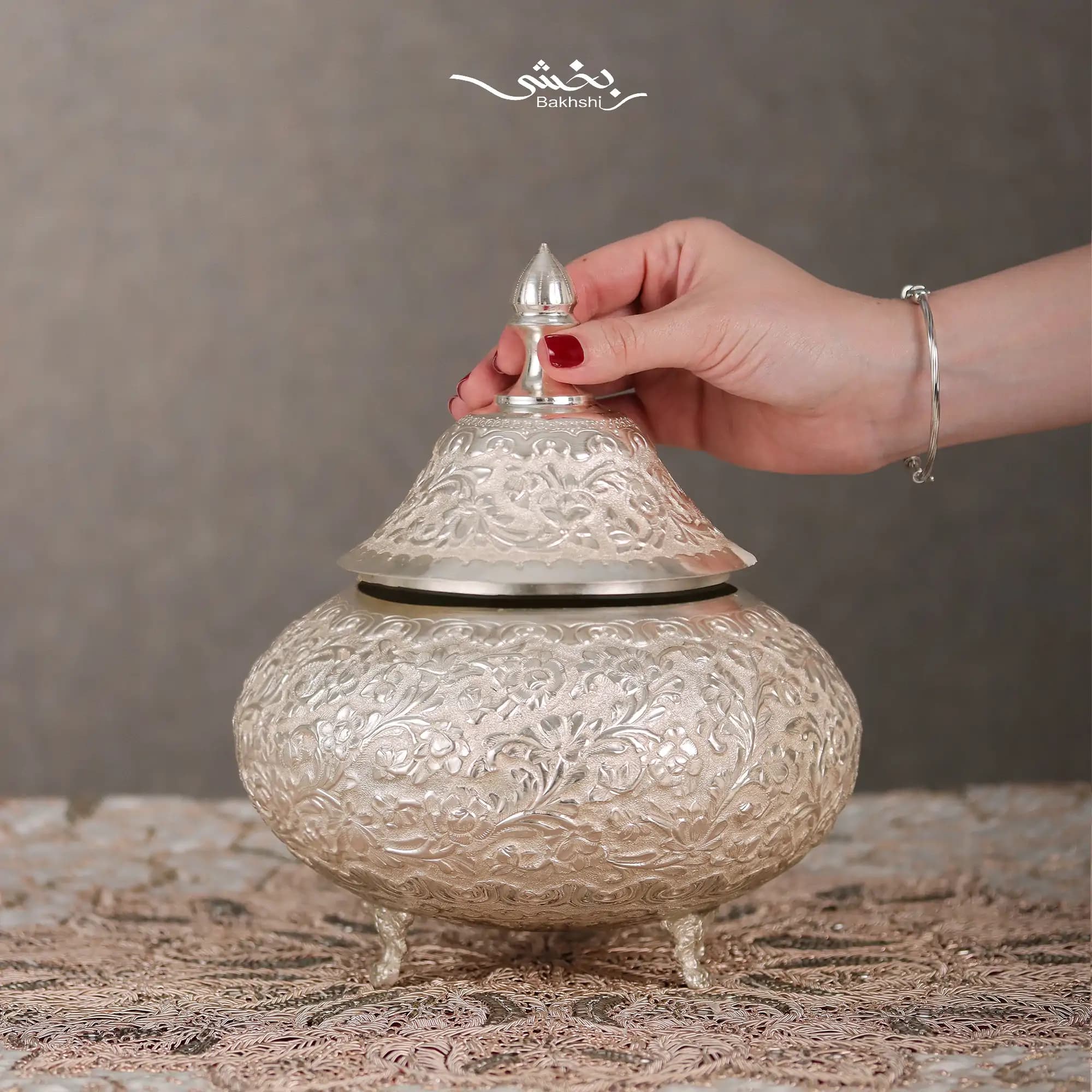 گزخوری نقره درب دار قلم گل برجسته
