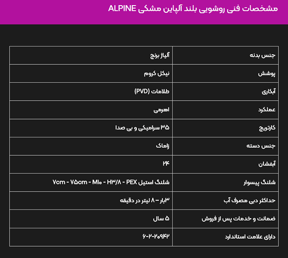 شیر روشویی پایه بلند البرز روز مدل آلپاین مشکی — تصویر ۲
