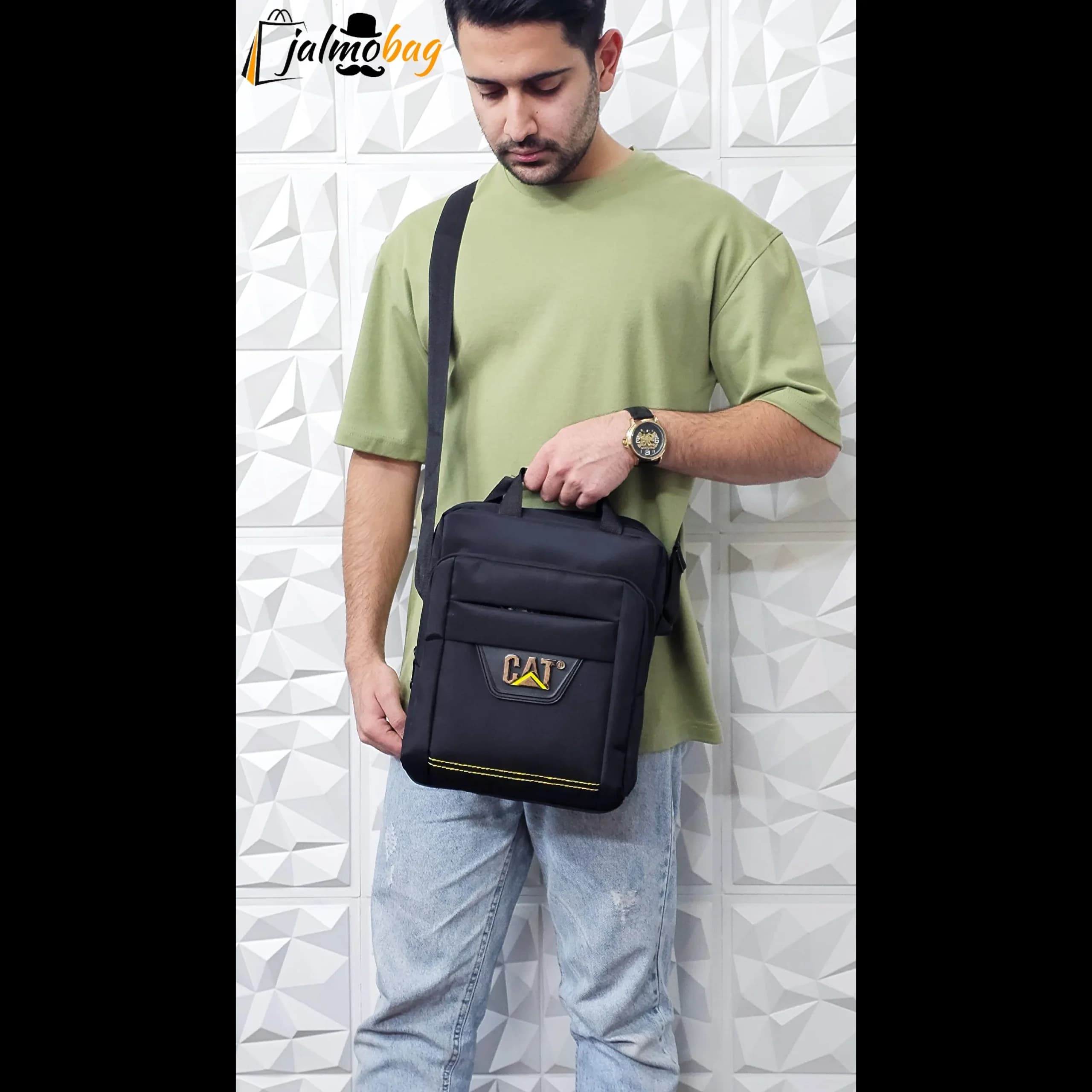 کیف دوشی و دستی مردانه برزنتی دیبا خارجی سه خانه مشکی بزرگ — تصویر ۸