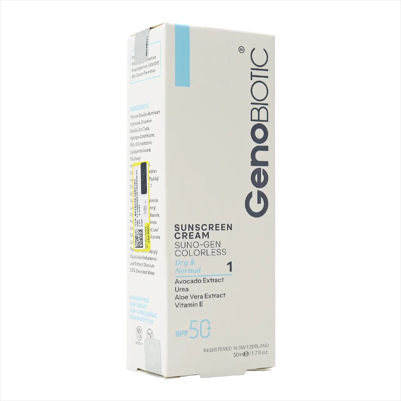 کرم ضد آفتاب پوست خشک بی رنگ سانوژن ژنوبایوتیک SPF50