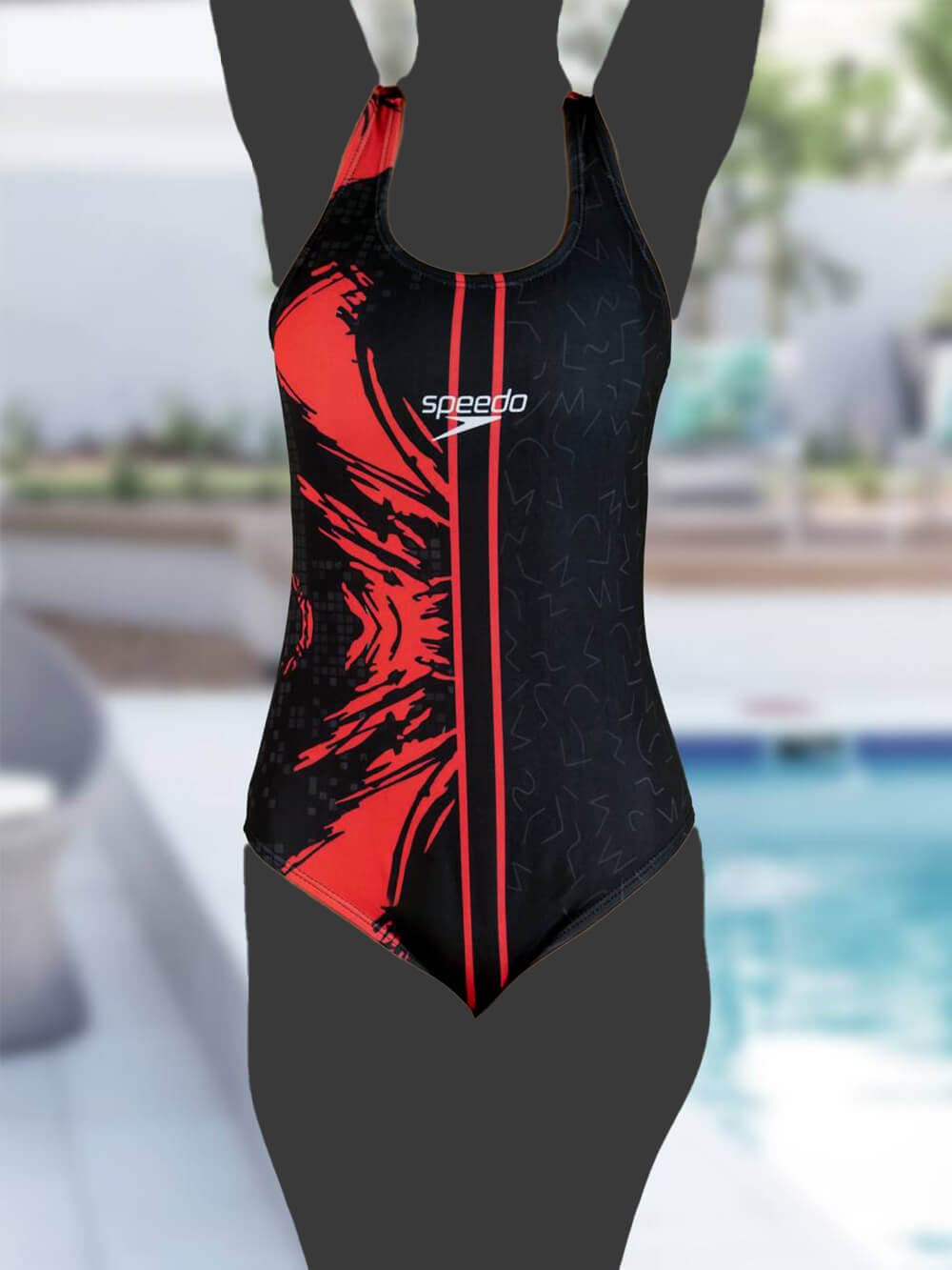 مایو اسلیپ زنانه مدل پشت قهرمانی کاپدار مشکی و قرمز اسپیدو ( Speedo ) استخری — تصویر ۳