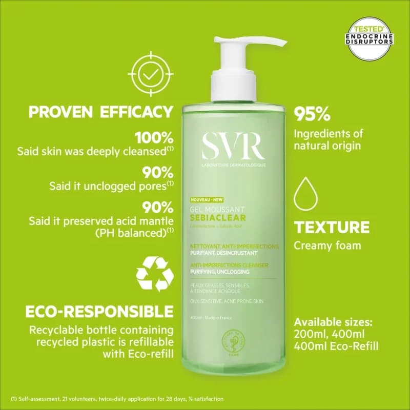 ژل شستشوی پوست چرب/مستعد آکنه و حساس سبیاکلیر اس وی آر Svr حجم 400ml — تصویر ۸