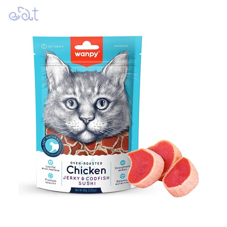 تشویقی گربه ونپی با طعم مرغ و سوشی ماهی کاد مدل Wanpy Chicken Jerky & Codfish Sushi وزن 80 گرم — تصویر ۲