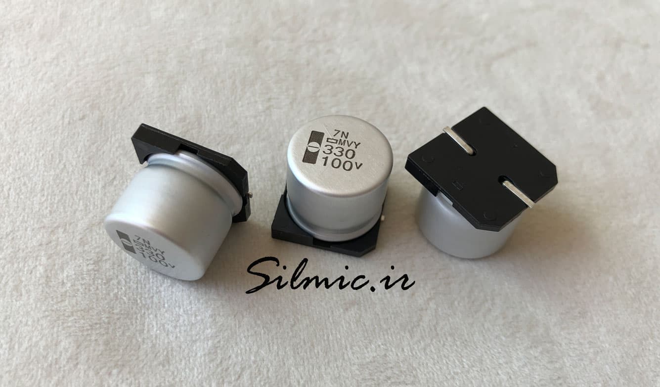 خازن 330 میکرو فاراد 100 ولت SMD ساخت nippon ژاپن سری MVY با ESR کم