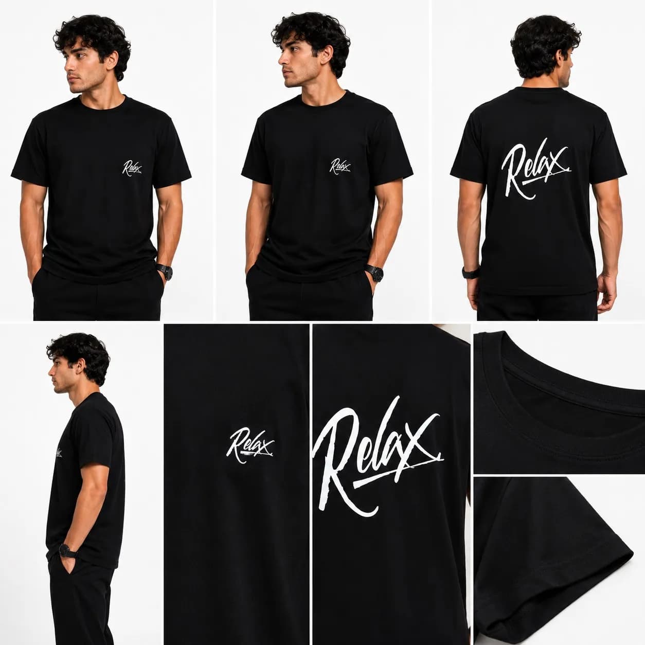 تیشرت یقه گرد مشکی طرح RELAX Signature جین وست نخ پنبه چهار فصل روزمره کژوال استریتویر — تصویر ۸