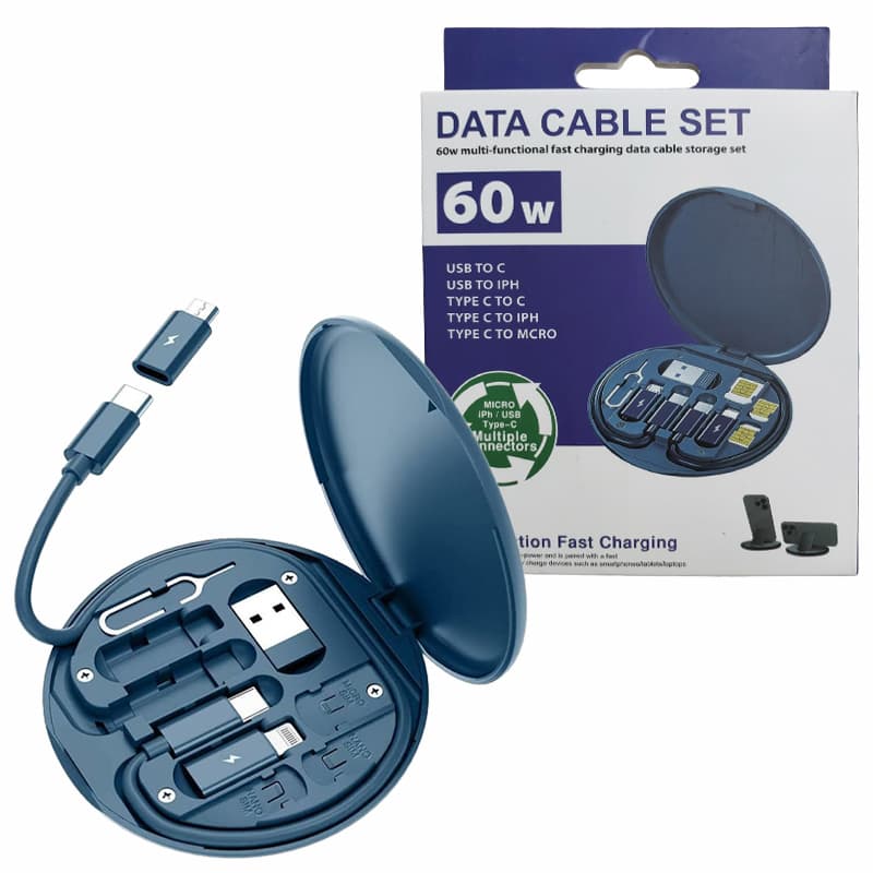 پک مسافرتی کابل و مبدل شارژ Data cable Set 60w پک آبی