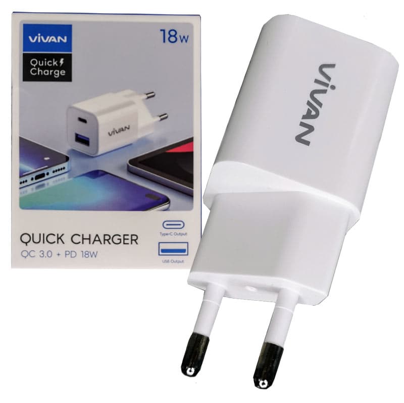 آداپتور شارژر 2پورت یک پورت PD فست Vivan VPL01 18w