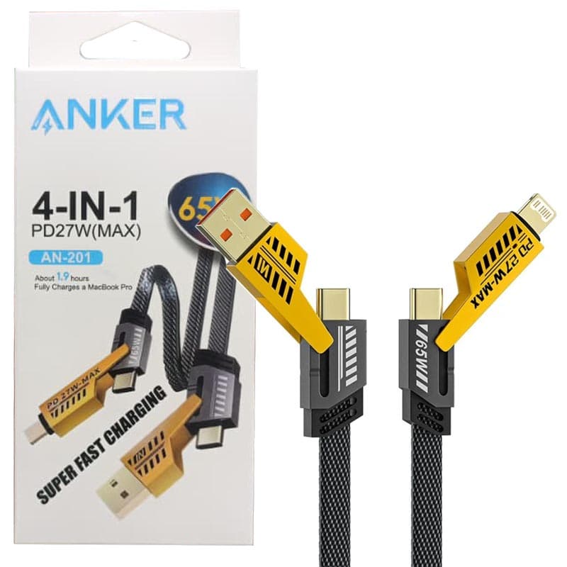 کابل شارژ و دیتا فست 1متری فلت برزنتی 4 سر فلزی Anker AN-201 65W