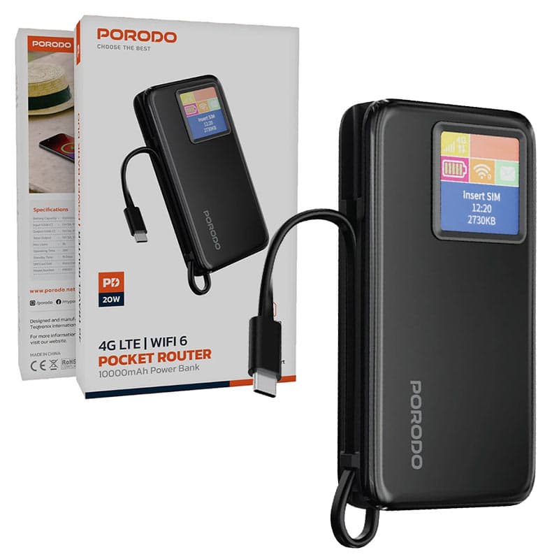 مودم سیم کارت خور و پاوربانک 10000mAh قابل حمل پرودو مدل porodo Travel router 4G/LTE wifi6