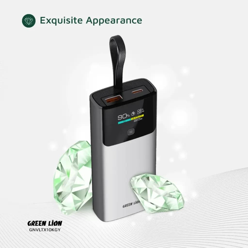 پاوربانک 10000mAh سوپر فست با کابل متصل Green Lion Voltix Power Bank 22.5W TFT Display — تصویر ۹
