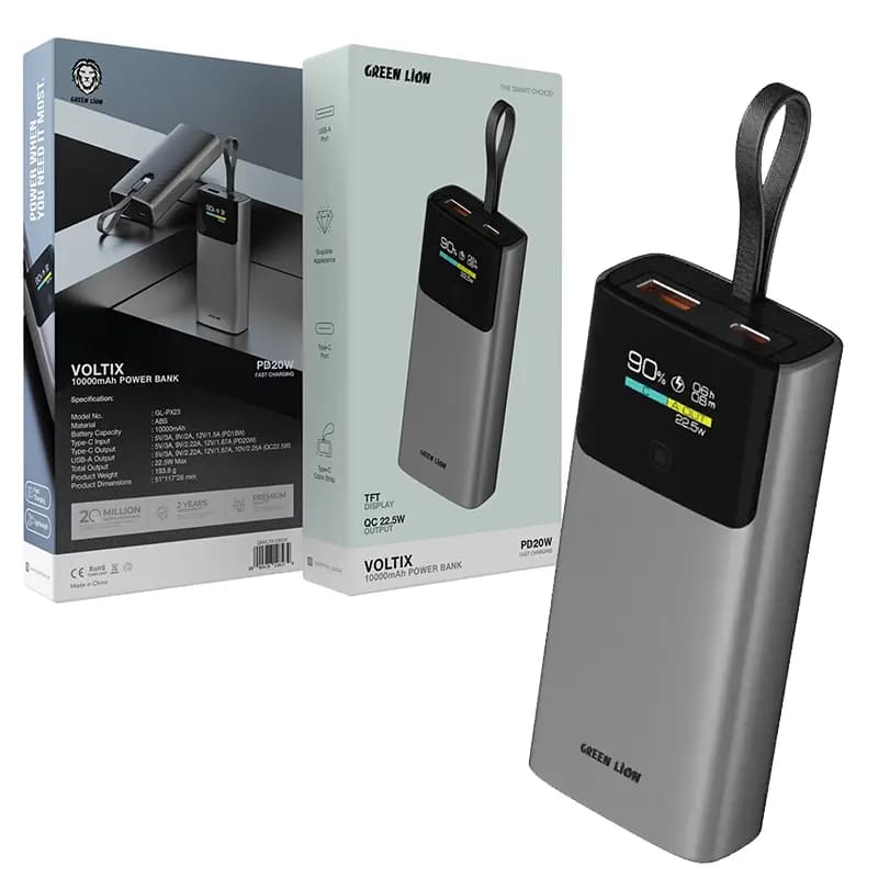 پاوربانک 10000mAh سوپر فست با کابل متصل Green Lion Voltix Power Bank 22.5W TFT Display