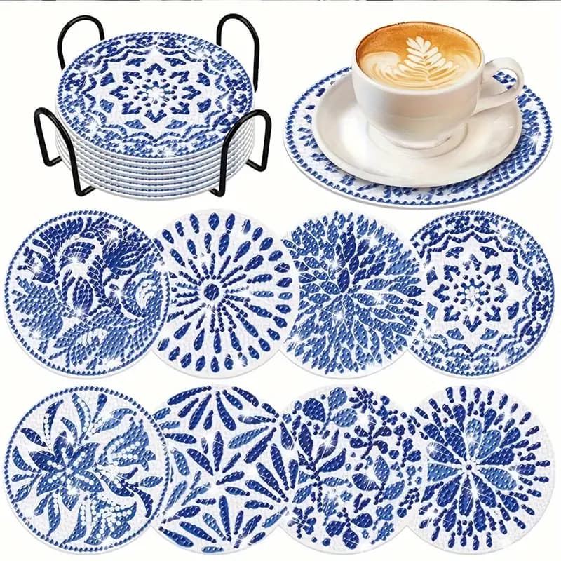 کیت نقاشی الماسی خام زیر لیوانی رنگ آمیزی با الماس (سبک گرد آبی و سفید) — تصویر ۴
