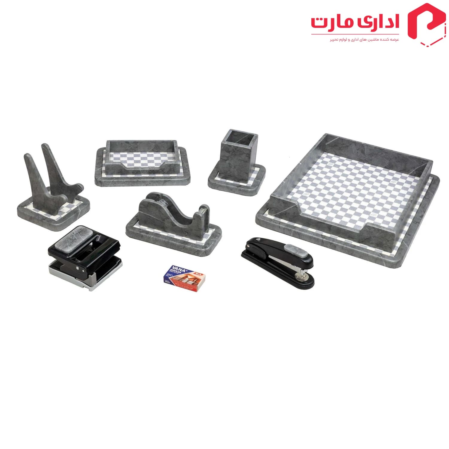 ست رومیزی مدیریتی 8 تیکه قائم کد 908 طرح طوسی سنگی — تصویر ۲