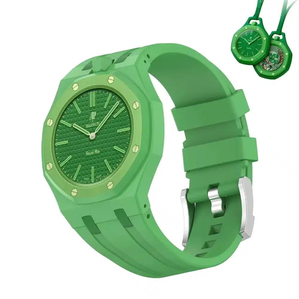ساعت سواچ x آدومارس پیگه مدل Swatch x Audemars Piguet Royal Pop – GREEN EIGHT به همراه بند سیلیکونی