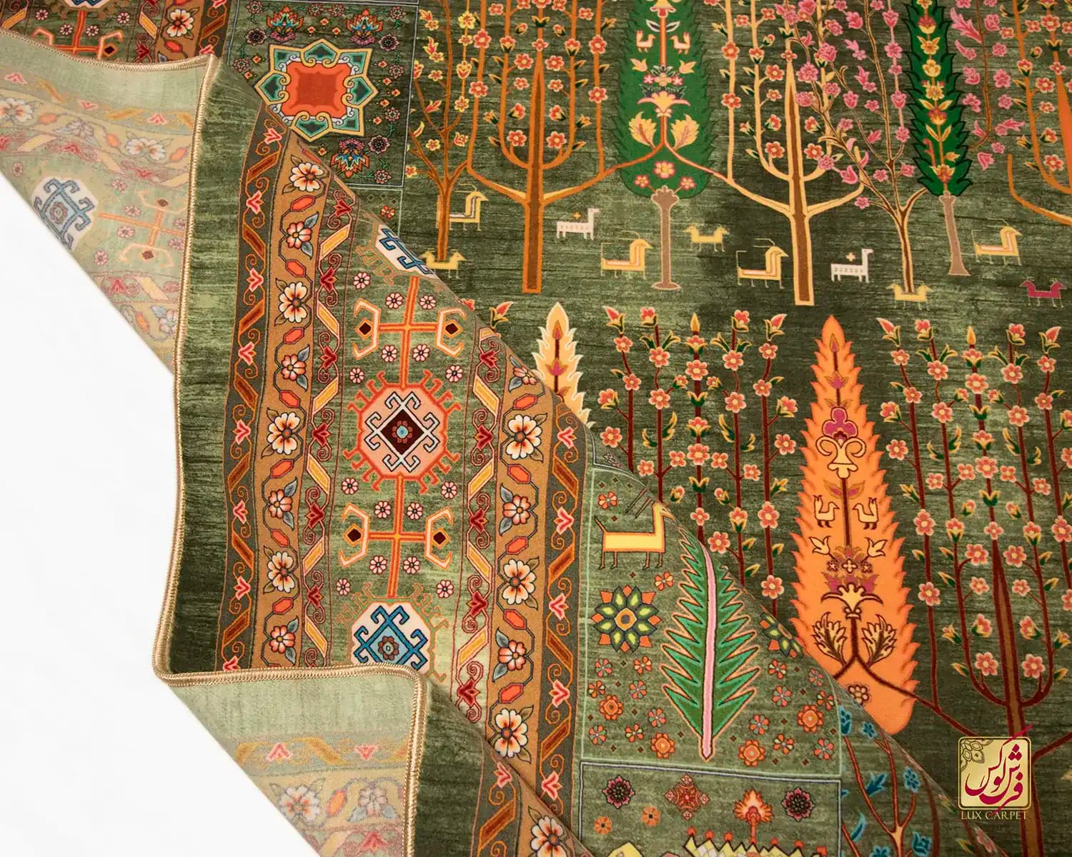 فرش ابریشم ماشینی T1049 سبز نارنجی — تصویر ۴