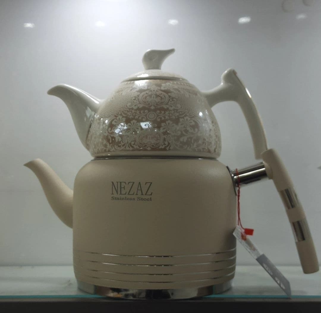 کتری قوری نزاز NEZAZ رنگی 2.5 لیتری رنگی قوری چینی دسته استیل کف چدن کد 2408