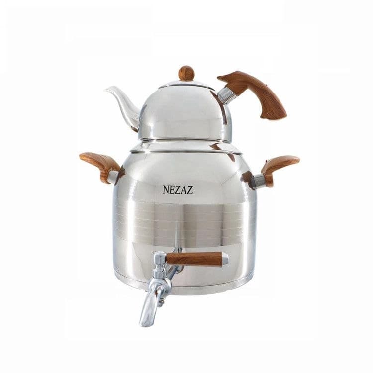 کتری قوری نزاز NEZAZ طرح ترک 5 لیتری دسته چوبی قوری استیل کف چدن کد 2606
