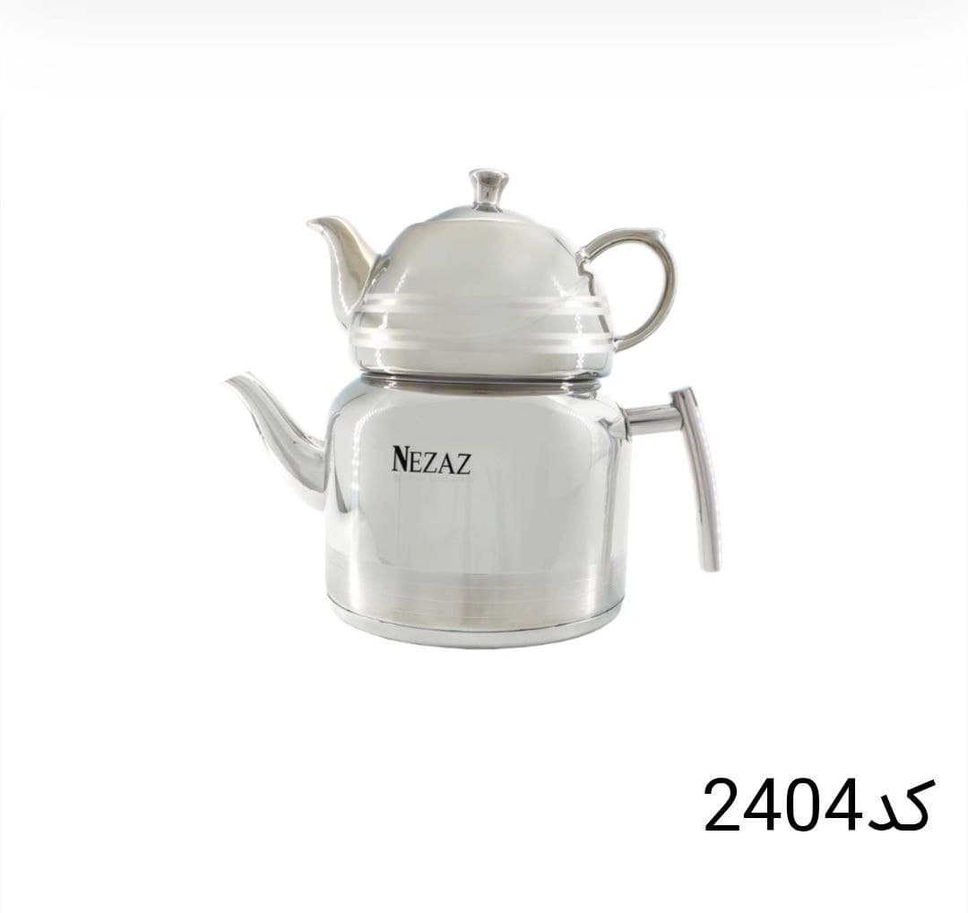 کتری قوری نزاز NEZAZ لوله دار 2.5 لیتری دسته استیل قوری کروم کف چدن کد 2404