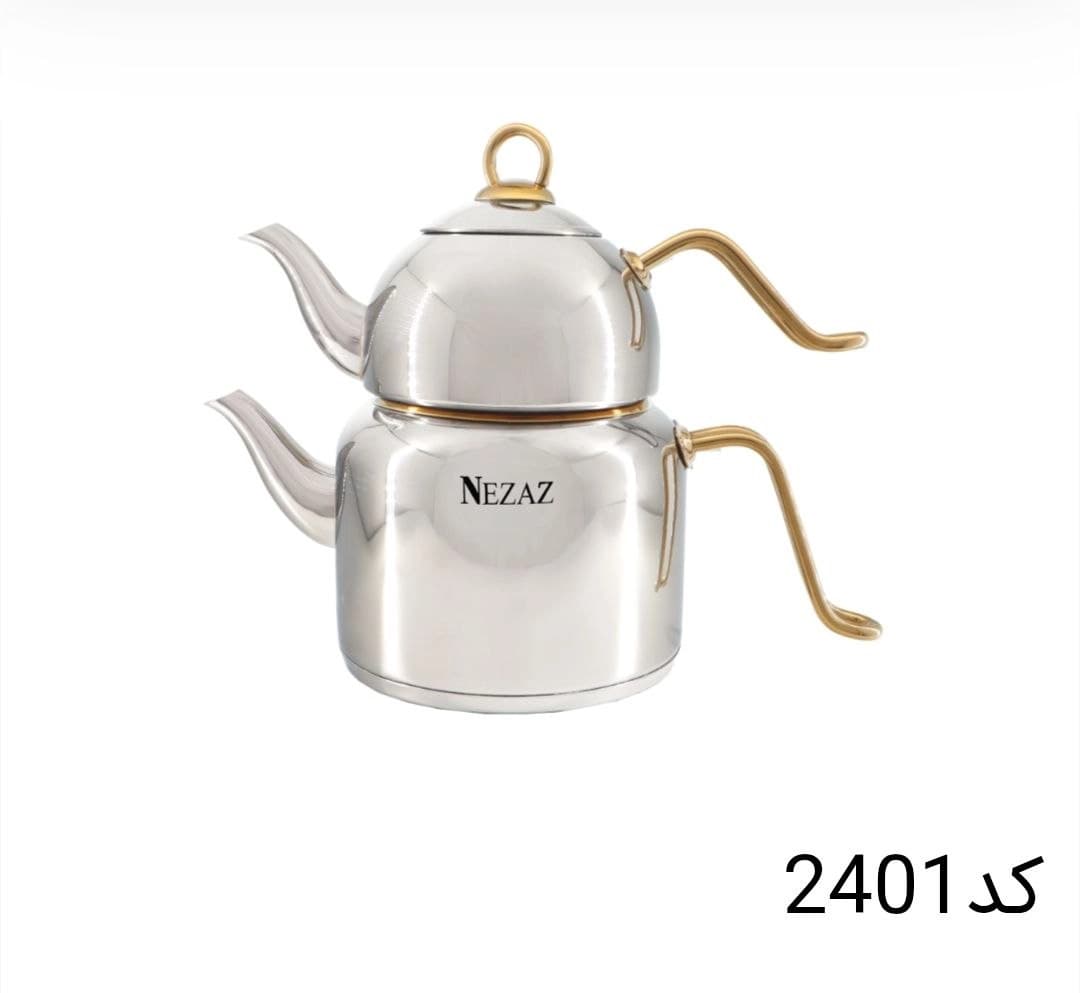 کتری قوری نزاز NEZAZ لوله دار 2.5 لیتری دسته استیل طلایی کف چدن کد 2401
