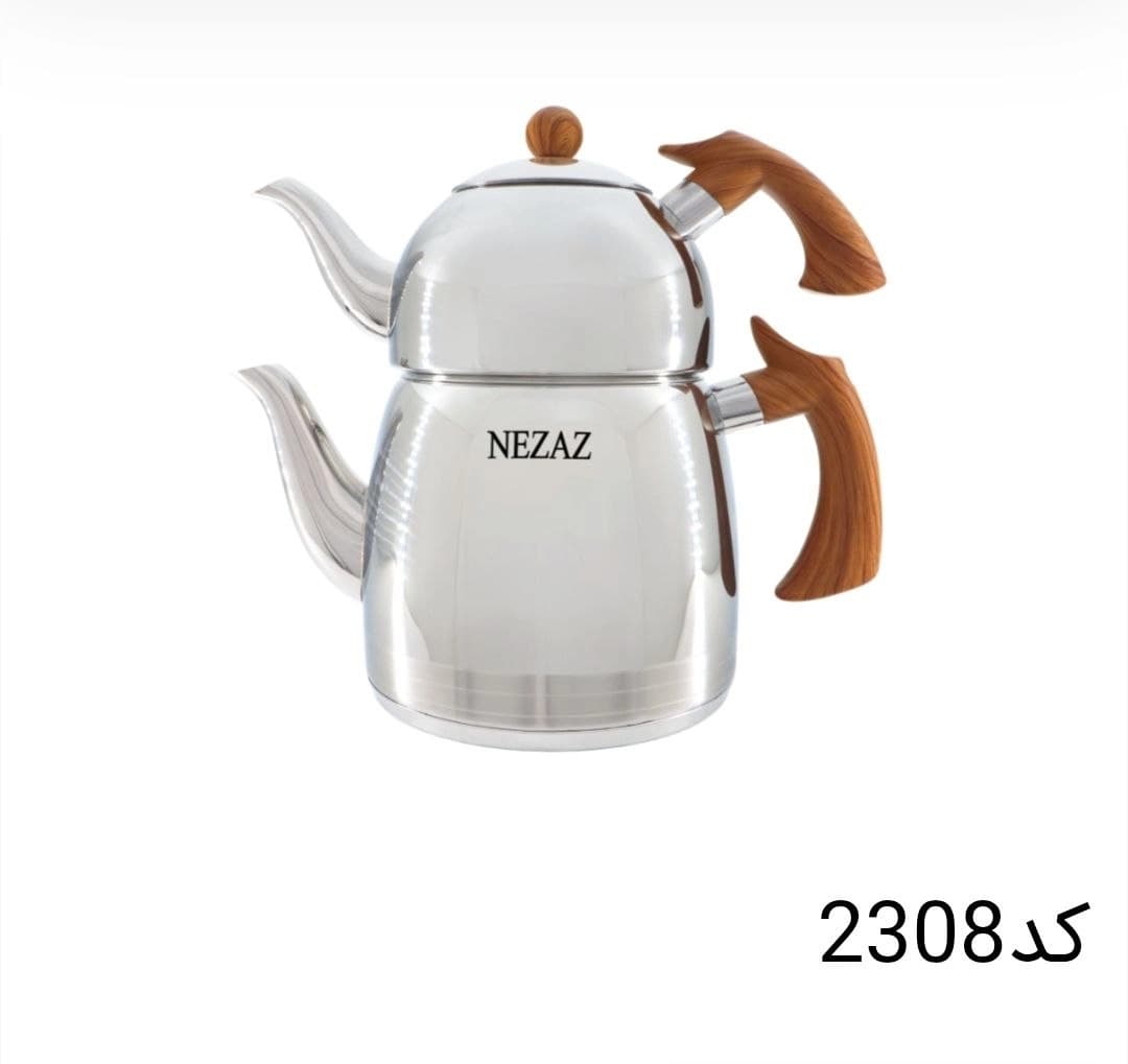 کتری قوری نزاز NEZAZ لوله دار 2.5 لیتری طرح چوب تمام استیل کف چدن کد 2308