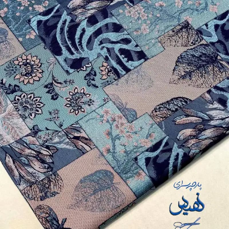 پارچه ژاکارد چهل تیکه ترک رنگ ابی و کالباسی